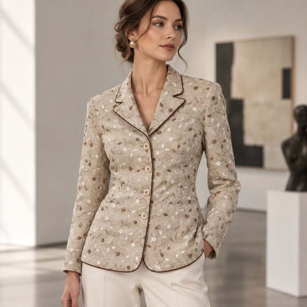 Bergamo by EBI Floral Embroidered Blazer Size 10 Beige Tan Jacket